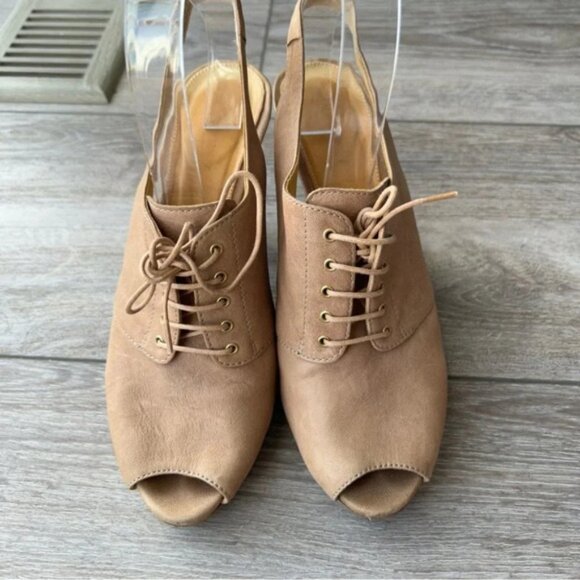 J Crew Peep Toe Lace Up Tan Leather Slingback Wooden Heel Pumps - Picture 3 of 13